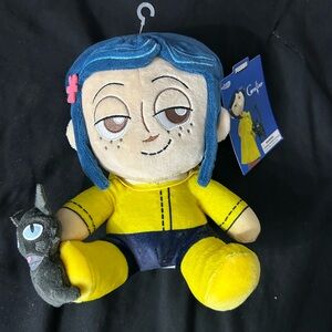 Coraline Plush Doll with Blue Hair and Yellow Raincoat